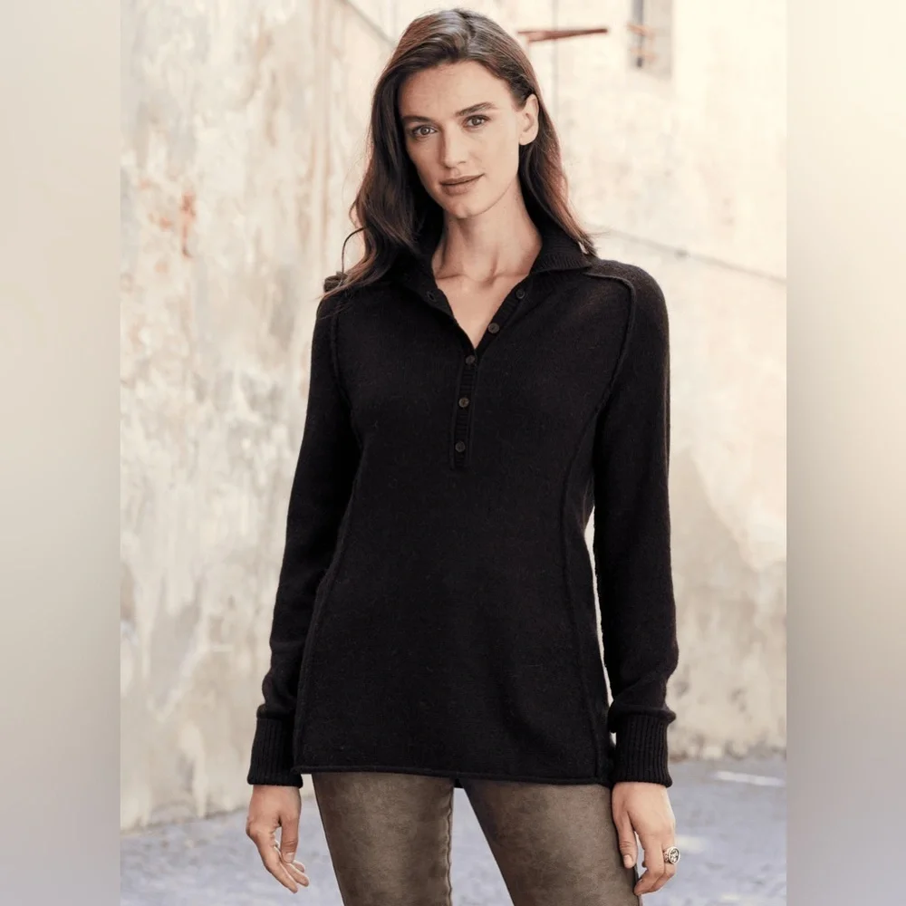 PERUVIAN CONNECTION Black Brimfield Henley Sweater Size XS 100% Royal Alpaca